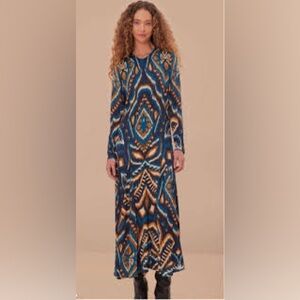 FARM Rio Vibrant Blue and Tan Long Sleeve Dress